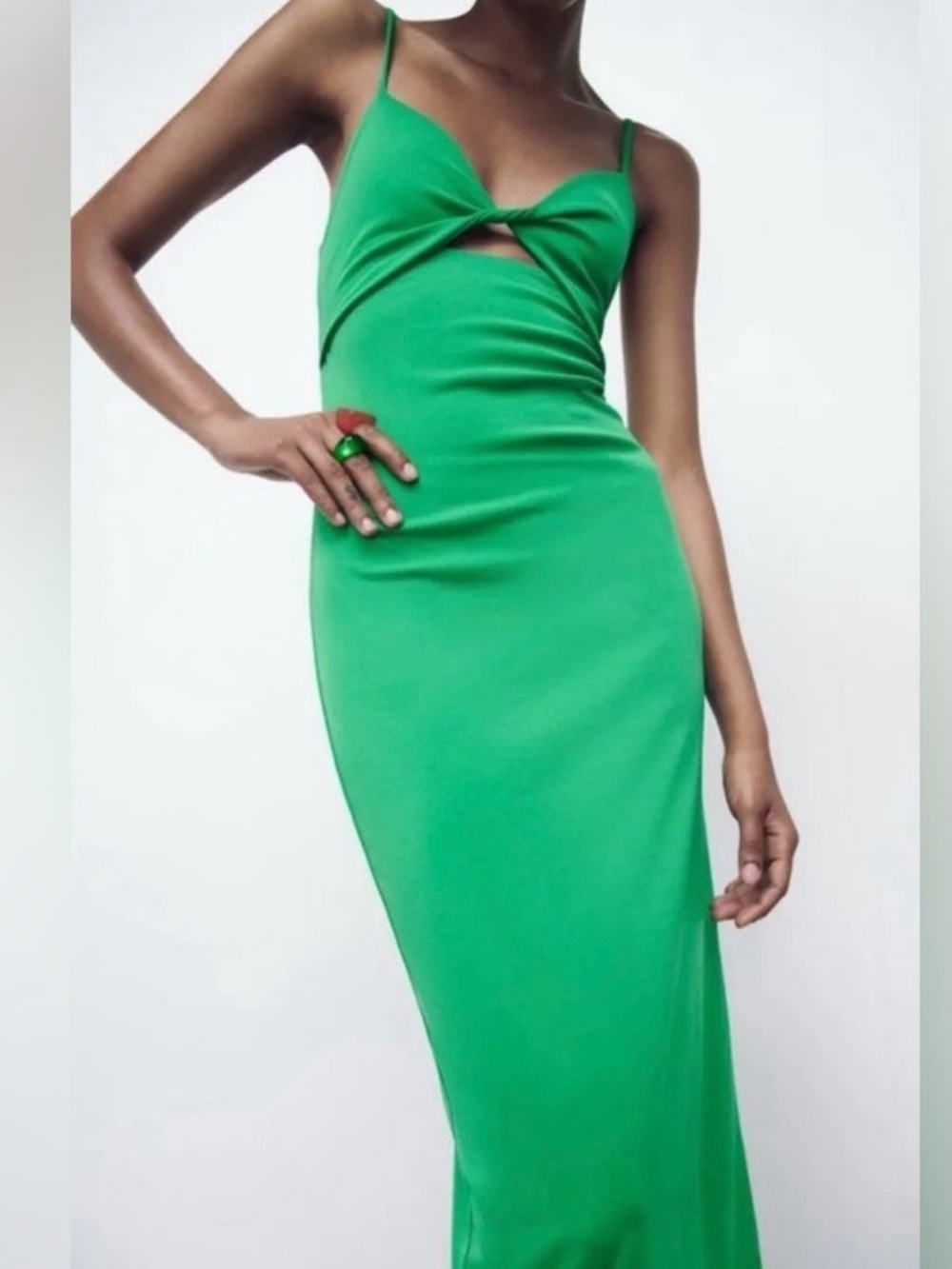 Zara green spaghetti strap twist front cutout midi dress
